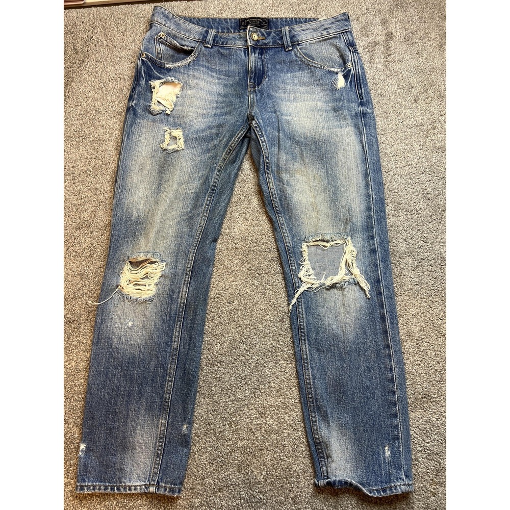 Zara Basic Jeans Womens 4 Distressed‎ Ripped Heritage Denim Straight Leg 1975